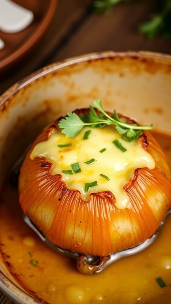 Baked Vidalia onion topped with melted cheese and herbs in a rustic dish.